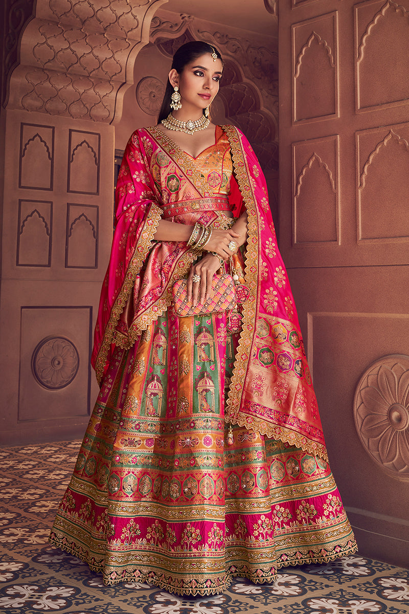 Monjolika Fashion Multi Colour Banarasi Silk Blend Embroidered, Sequins, Swarovski and Weaving Work Lehenga Choli | Grocsy