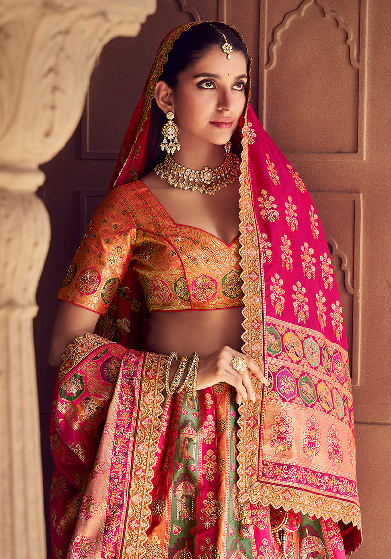 Monjolika Fashion Multi Colour Banarasi Silk Blend Embroidered, Sequins, Swarovski and Weaving Work Lehenga Choli | Grocsy