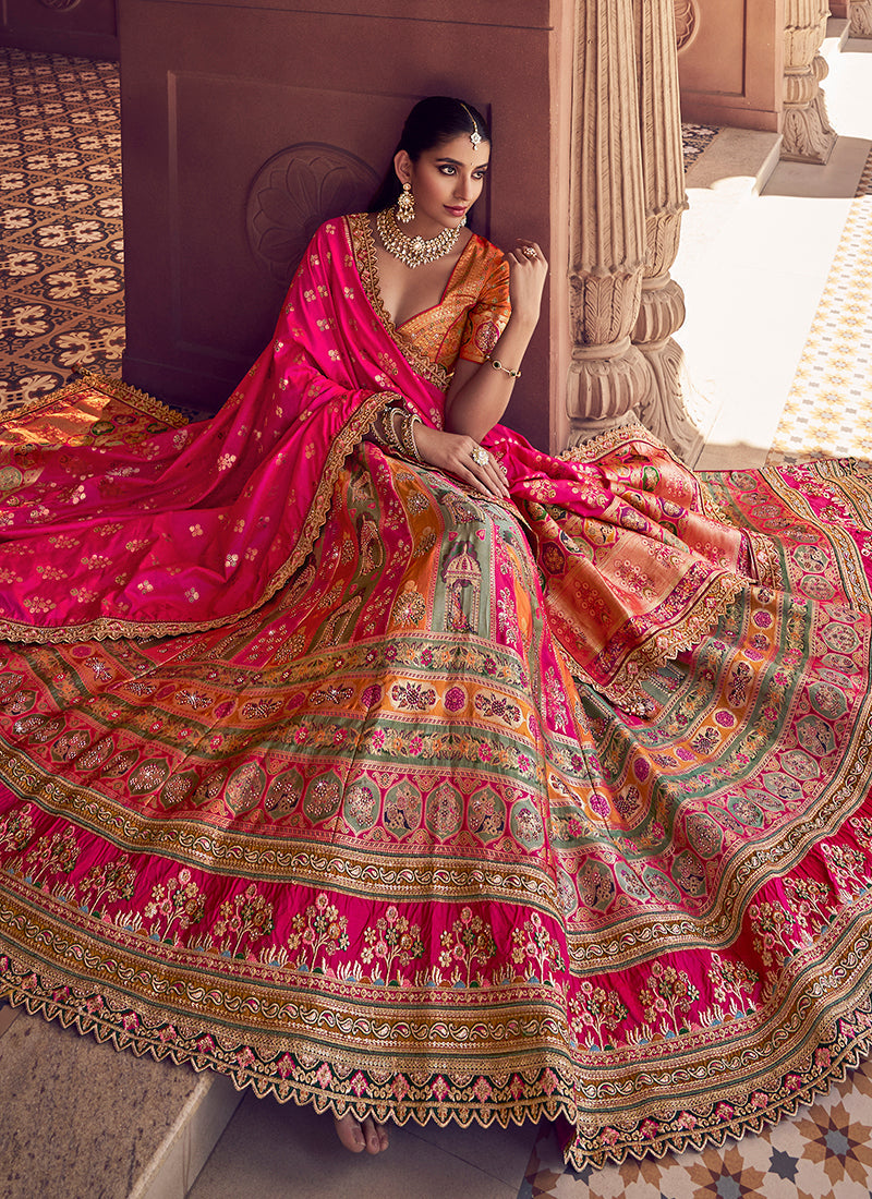 Monjolika Fashion Multi Colour Banarasi Silk Blend Embroidered, Sequins, Swarovski and Weaving Work Lehenga Choli | Grocsy