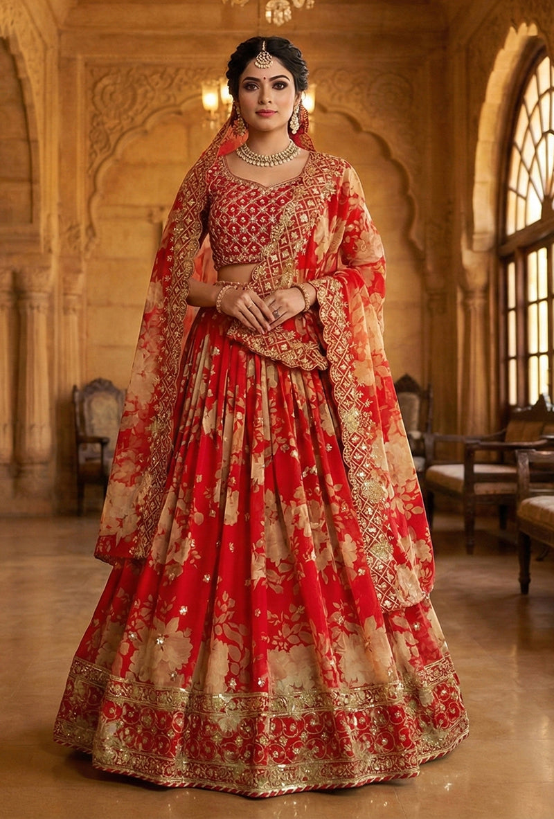 Monjolika Fashion Georgette Printed With Embroidered Red Trendy Lehenga Choli | Grocsy
