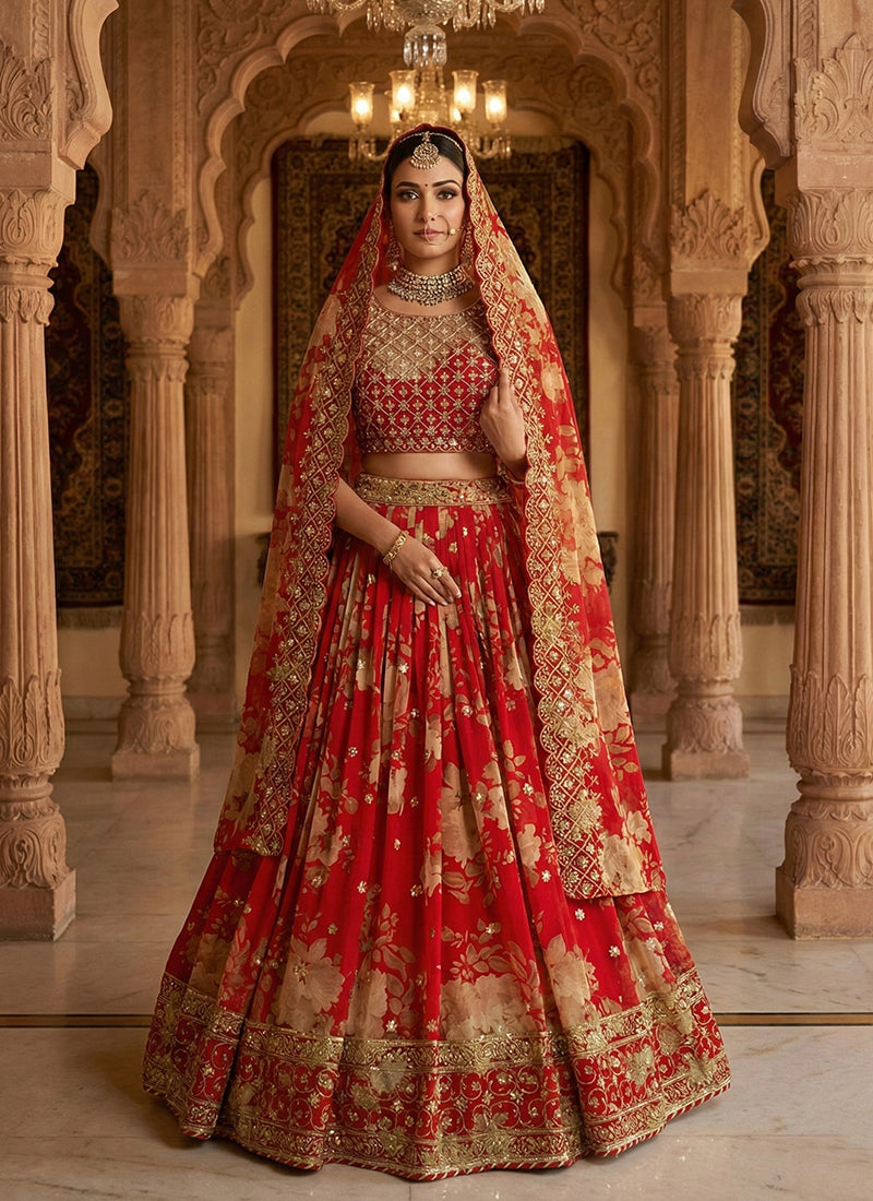 Monjolika Fashion Georgette Printed With Embroidered Red Trendy Lehenga Choli | Grocsy