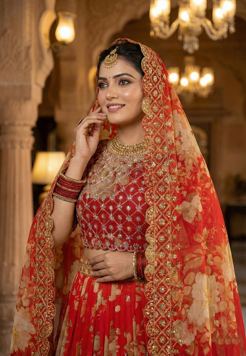 Monjolika Fashion Georgette Printed With Embroidered Red Trendy Lehenga Choli | Grocsy