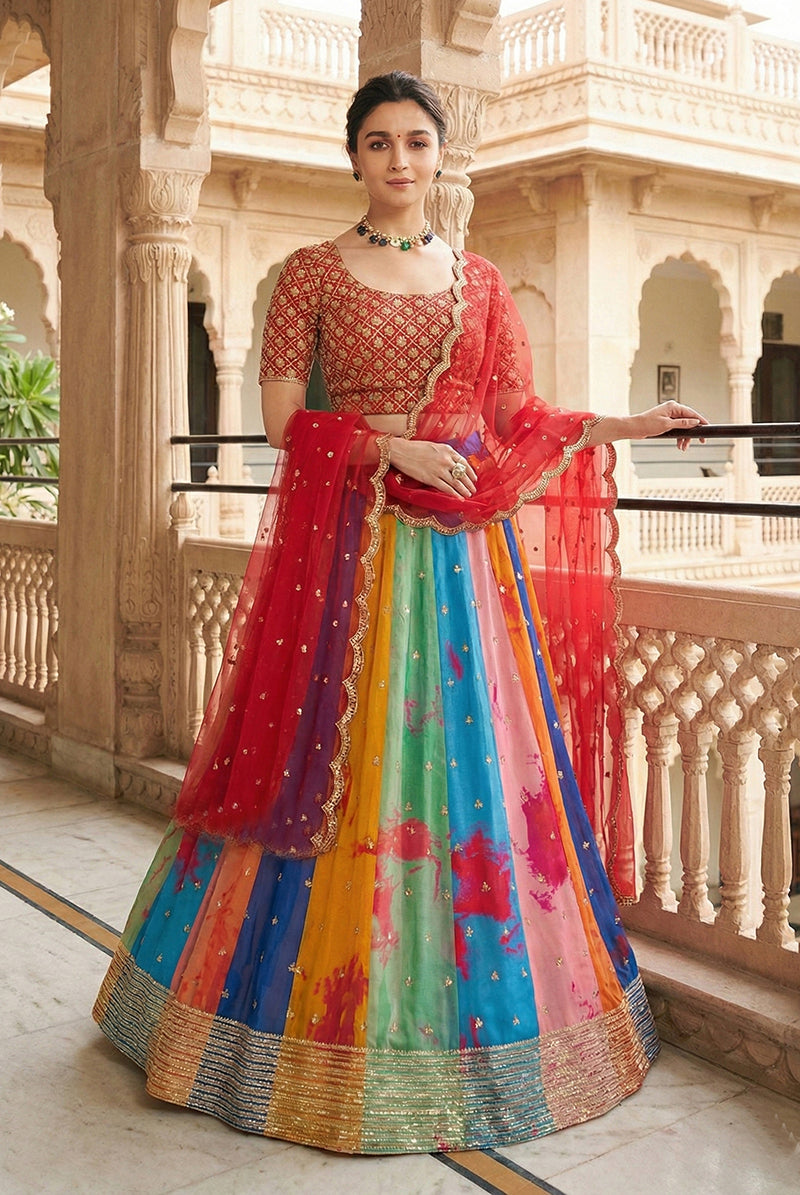 Monjolika Fashion Alia Bhatt Embroidered Multi Colour Georgette Lehenga Choli | Grocsy