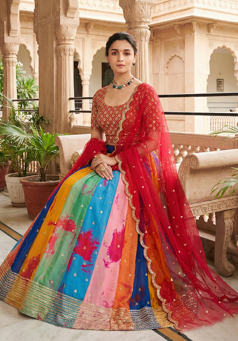 Monjolika Fashion Alia Bhatt Embroidered Multi Colour Georgette Lehenga Choli | Grocsy