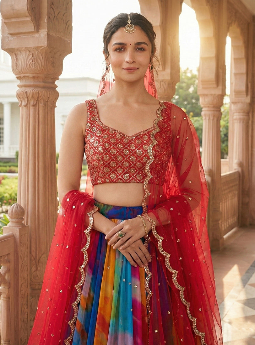 Monjolika Fashion Alia Bhatt Embroidered Multi Colour Georgette Lehenga Choli | Grocsy