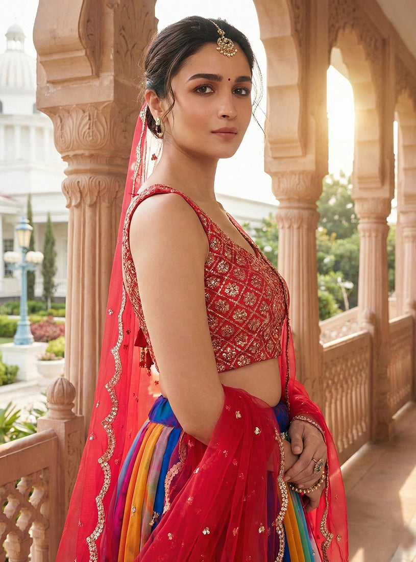 Monjolika Fashion Alia Bhatt Embroidered Multi Colour Georgette Lehenga Choli | Grocsy