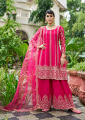 Monjolika Fashion Rani Pink Embroidered Chinnon Readymade Palazzo Kameez for Festival | Grocsy