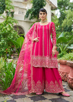 Monjolika Fashion Rani Pink Embroidered Chinnon Readymade Palazzo Kameez for Festival | Grocsy
