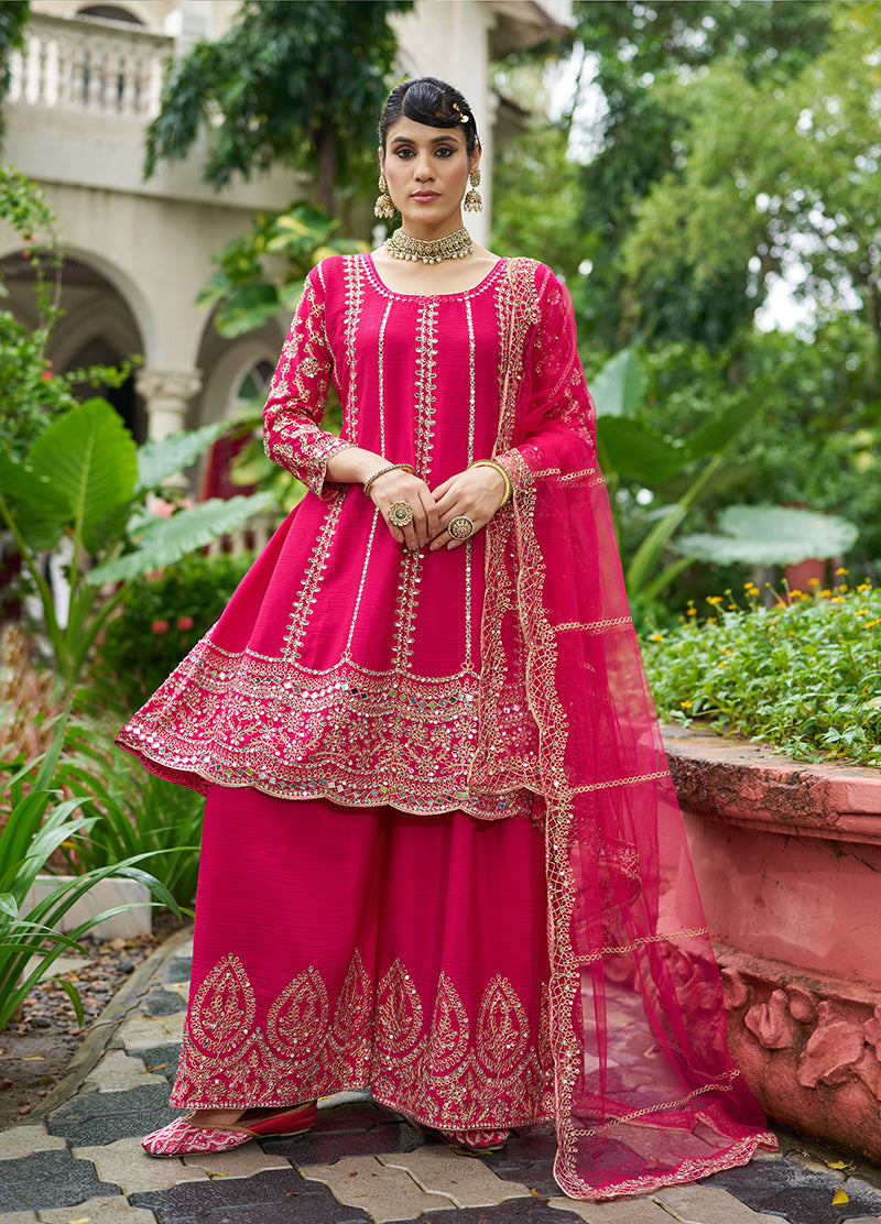 Monjolika Fashion Rani Pink Embroidered Chinnon Readymade Palazzo Kameez for Festival | Grocsy