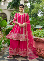Monjolika Fashion Rani Pink Embroidered Chinnon Readymade Palazzo Kameez for Festival | Grocsy