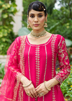Monjolika Fashion Rani Pink Embroidered Chinnon Readymade Palazzo Kameez for Festival | Grocsy