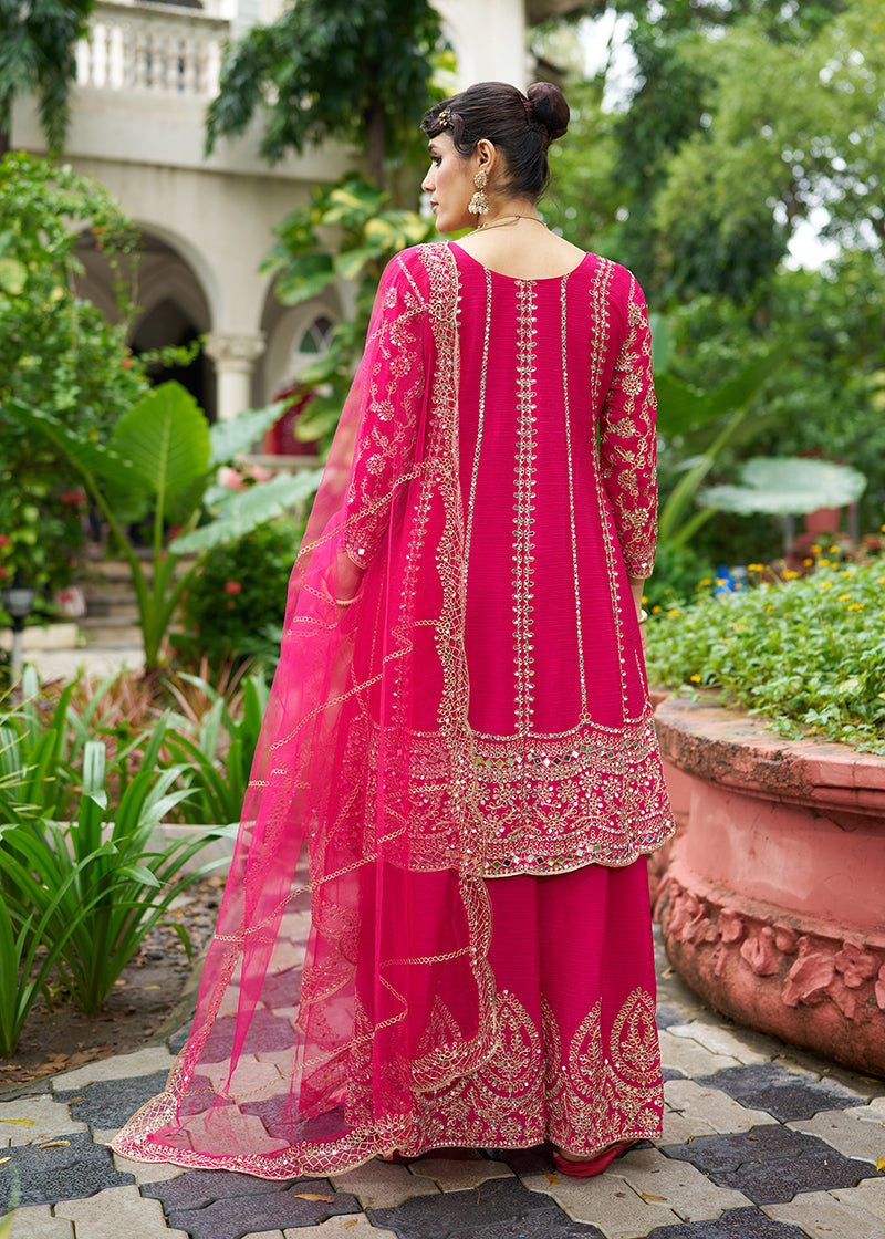 Monjolika Fashion Rani Pink Embroidered Chinnon Readymade Palazzo Kameez for Festival | Grocsy