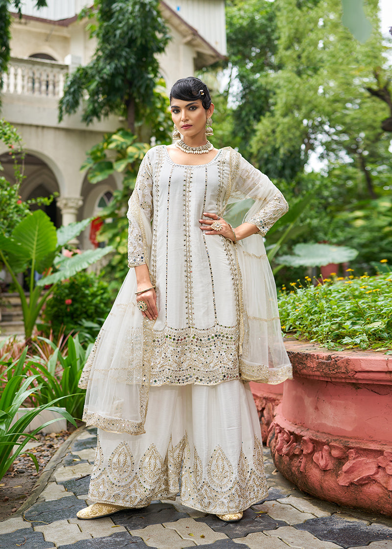 Monjolika Fashion White Embroidered Chinnon Readymade Palazzo Kameez for Festival | Grocsy