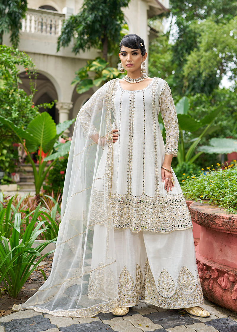 Monjolika Fashion White Embroidered Chinnon Readymade Palazzo Kameez for Festival | Grocsy