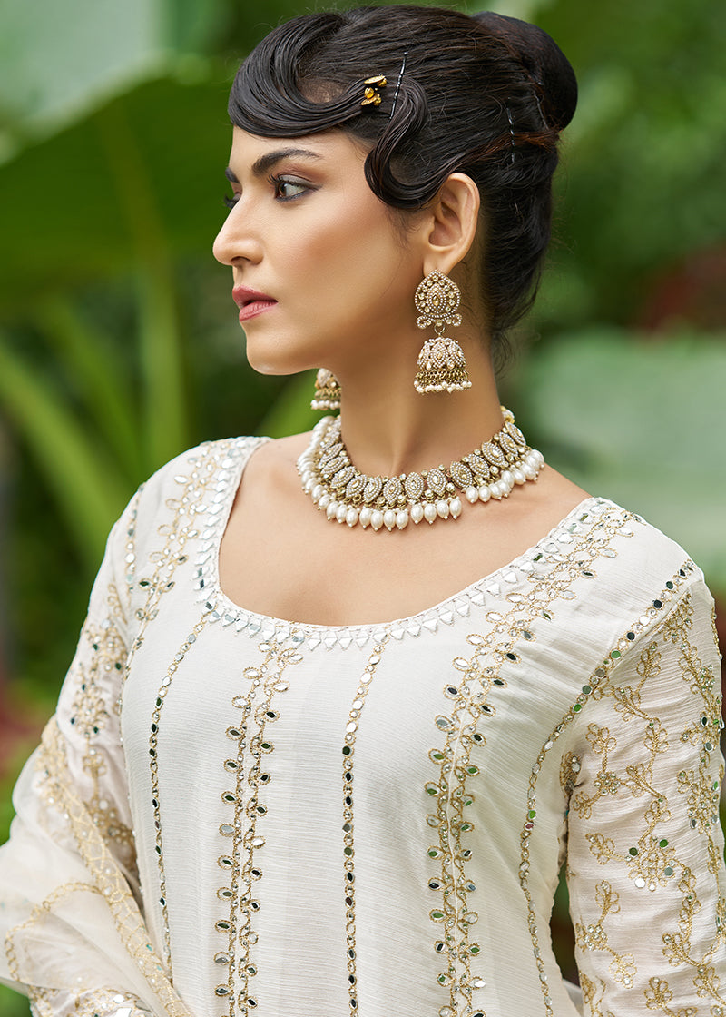 Monjolika Fashion White Embroidered Chinnon Readymade Palazzo Kameez for Festival | Grocsy