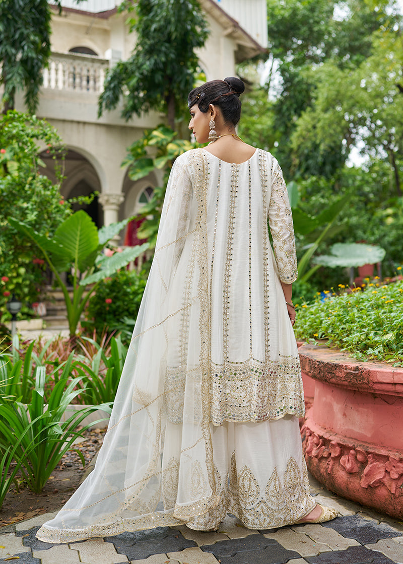 Monjolika Fashion White Embroidered Chinnon Readymade Palazzo Kameez for Festival | Grocsy
