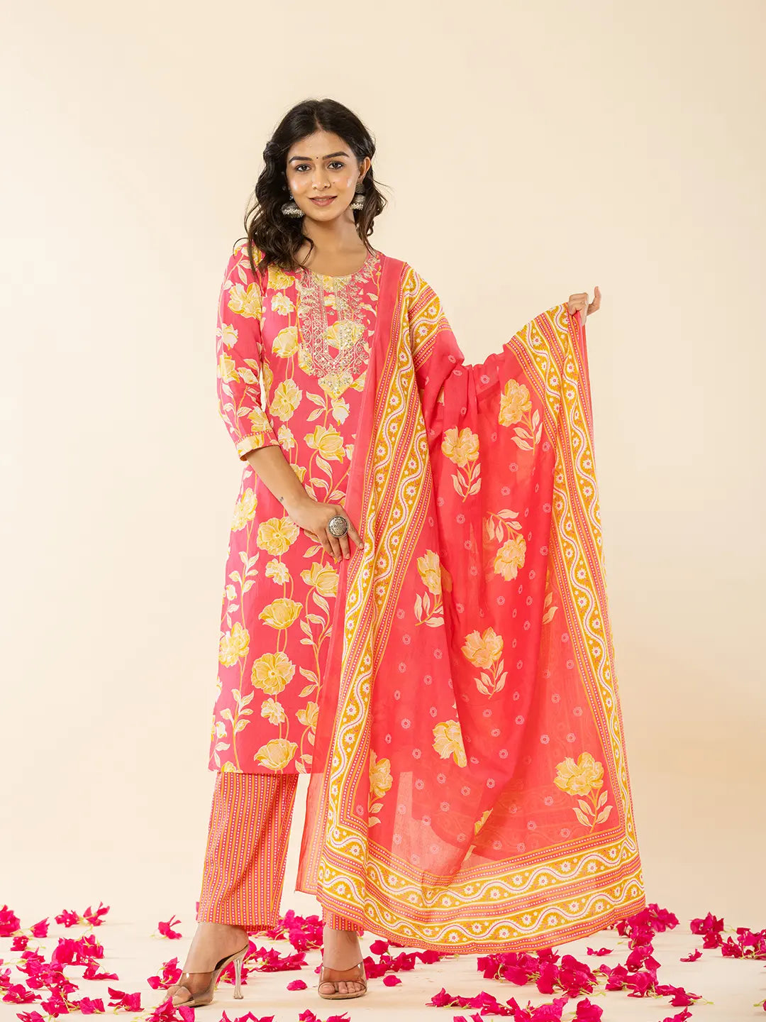 Yufta Pink Cotton Sequins_Work Straight Kurta Dupatta Pant Set | Grocsy