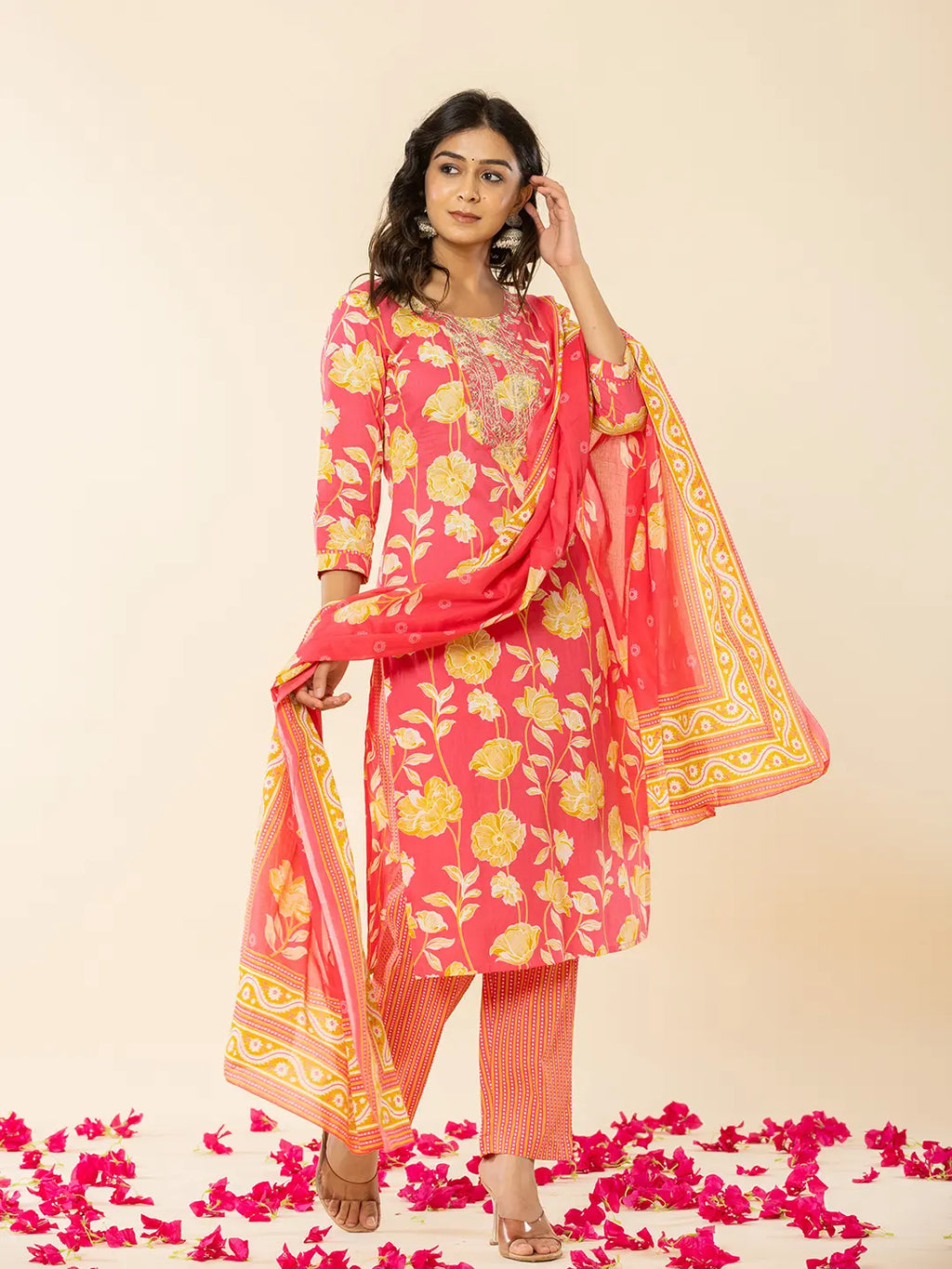 Yufta Pink Cotton Sequins_Work Straight Kurta Dupatta Pant Set | Grocsy