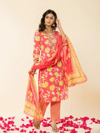 Yufta Pink Cotton Sequins_Work Straight Kurta Dupatta Pant Set | Grocsy