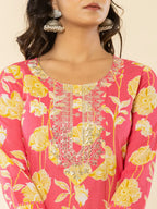 Yufta Pink Cotton Sequins_Work Straight Kurta Dupatta Pant Set | Grocsy