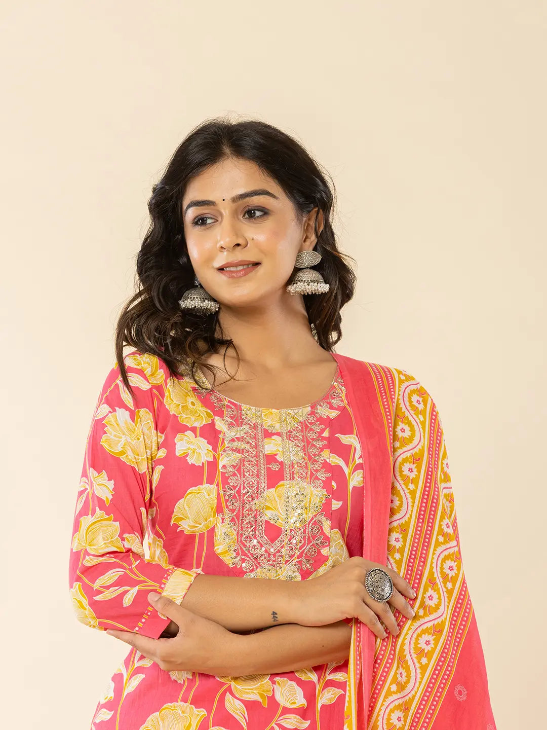 Yufta Pink Cotton Sequins_Work Straight Kurta Dupatta Pant Set | Grocsy