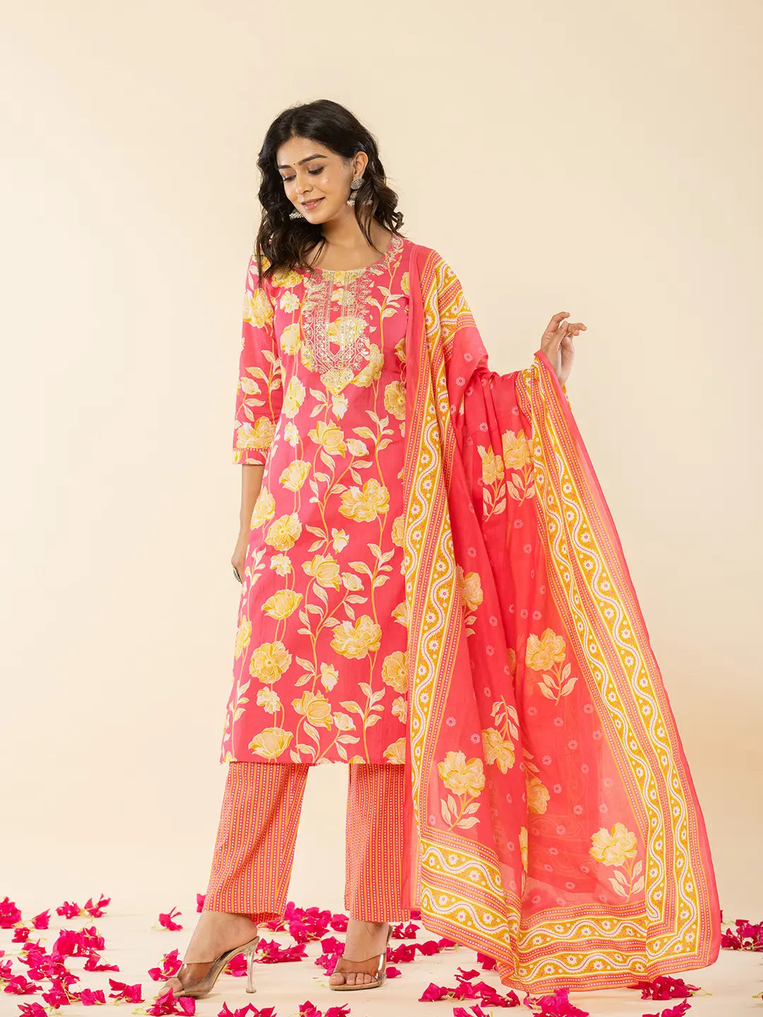 Yufta Pink Cotton Sequins_Work Straight Kurta Dupatta Pant Set | Grocsy