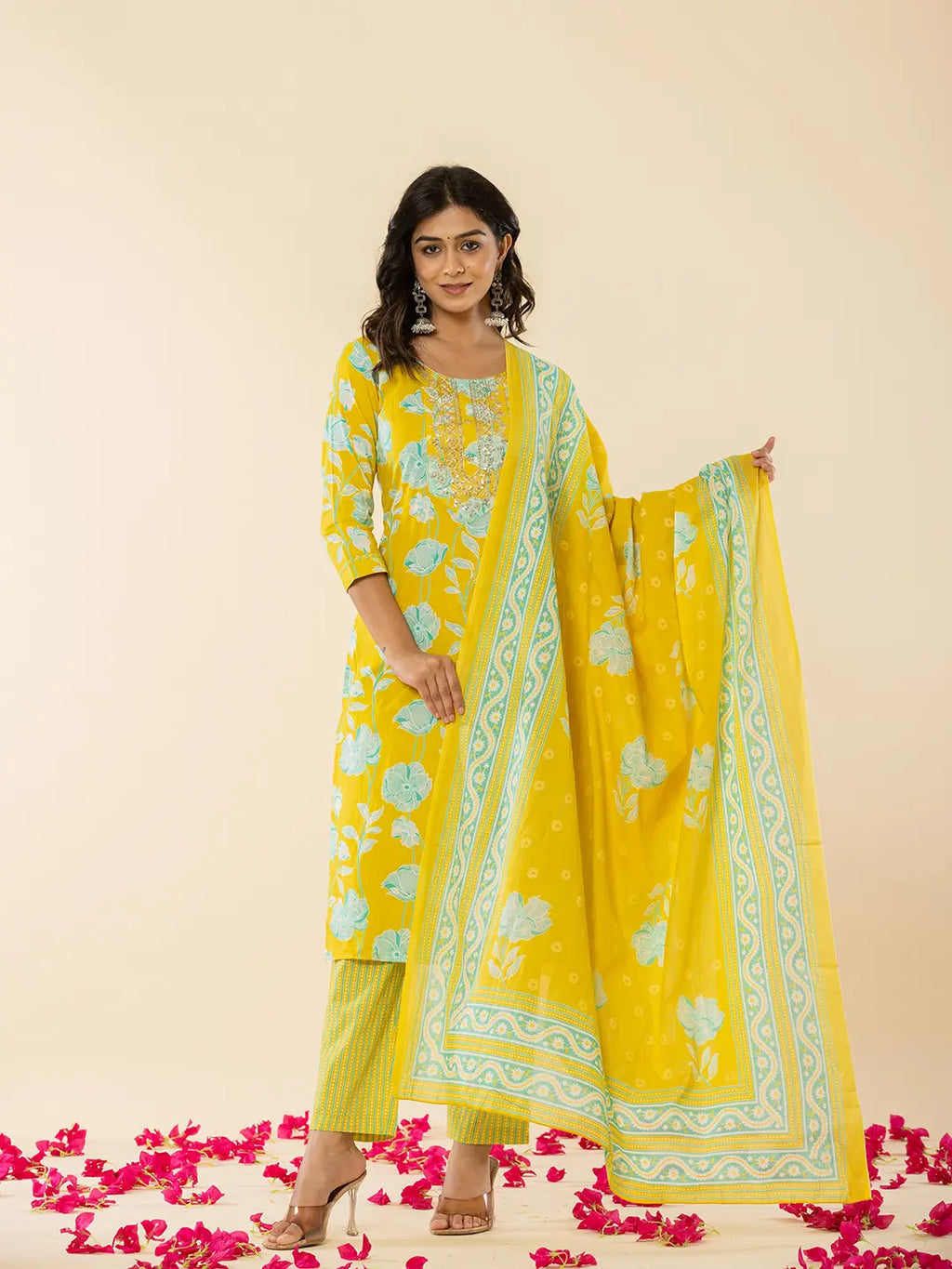 Yufta Yellow Cotton Sequins_Work Straight Kurta Dupatta Pant Set | Grocsy