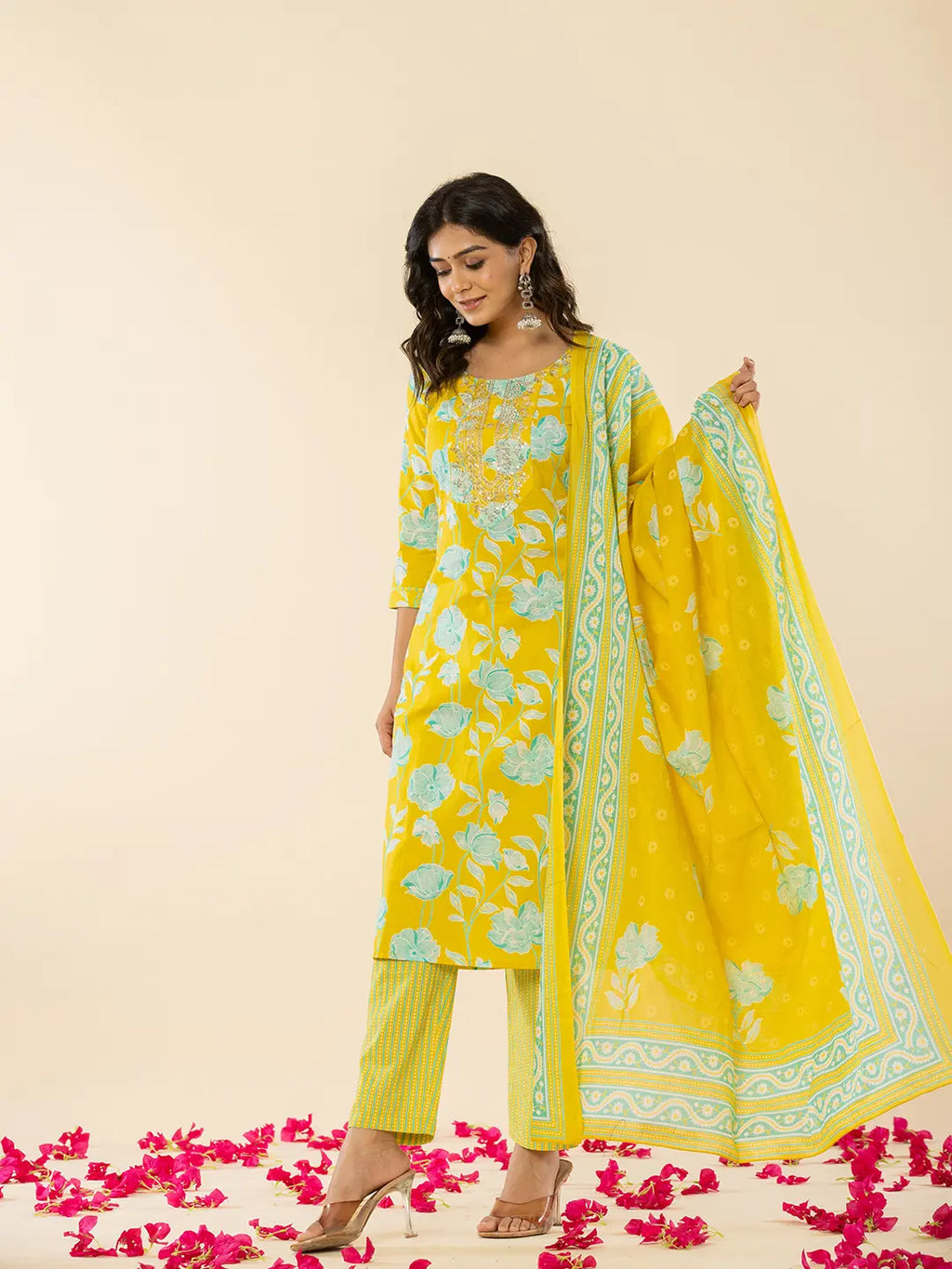 Yufta Yellow Cotton Sequins_Work Straight Kurta Dupatta Pant Set | Grocsy
