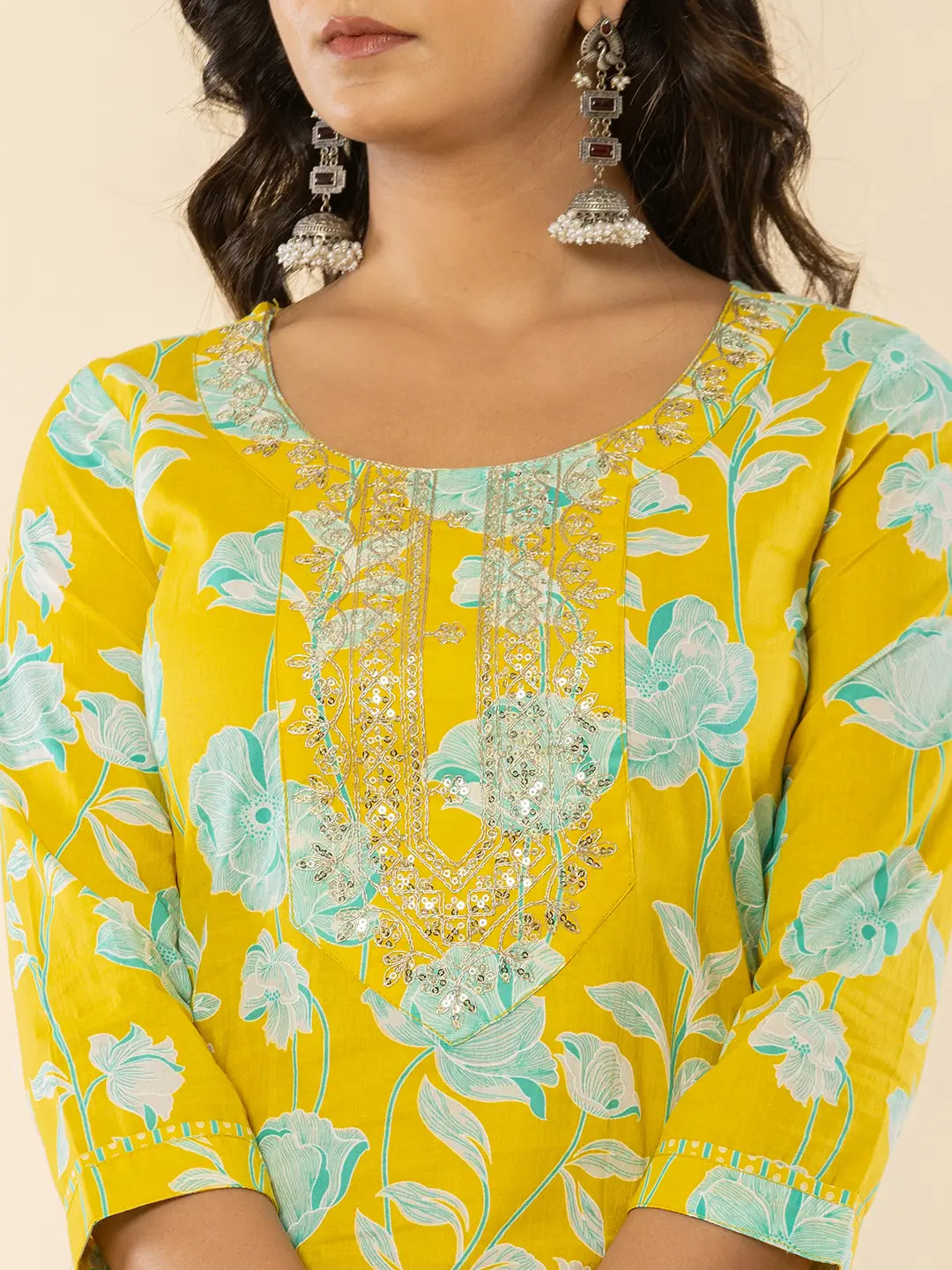 Yufta Yellow Cotton Sequins_Work Straight Kurta Dupatta Pant Set | Grocsy