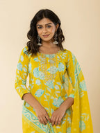 Yufta Yellow Cotton Sequins_Work Straight Kurta Dupatta Pant Set | Grocsy