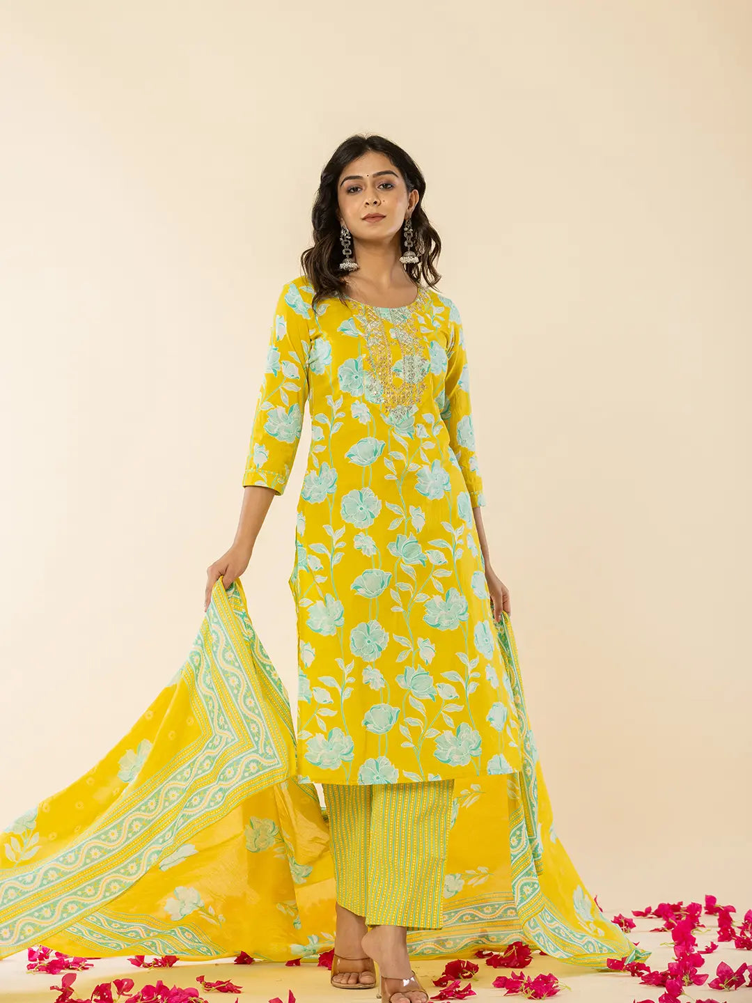 Yufta Yellow Cotton Sequins_Work Straight Kurta Dupatta Pant Set | Grocsy