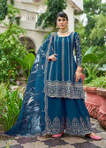 Monjolika Fashion Peacock Blue Embroidered Chinnon Readymade Palazzo Kameez for Festival | Grocsy