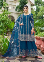Monjolika Fashion Peacock Blue Embroidered Chinnon Readymade Palazzo Kameez for Festival | Grocsy