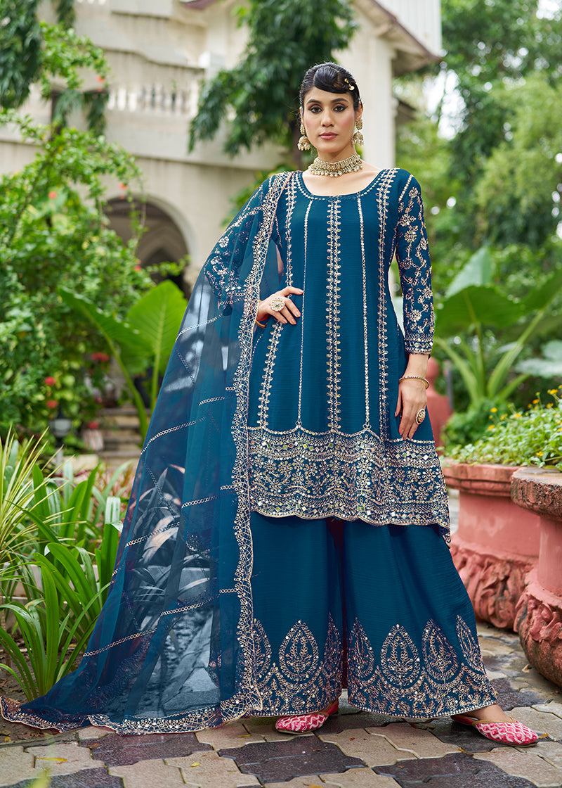 Monjolika Fashion Peacock Blue Embroidered Chinnon Readymade Palazzo Kameez for Festival | Grocsy