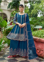 Monjolika Fashion Peacock Blue Embroidered Chinnon Readymade Palazzo Kameez for Festival | Grocsy