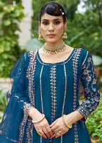 Monjolika Fashion Peacock Blue Embroidered Chinnon Readymade Palazzo Kameez for Festival | Grocsy