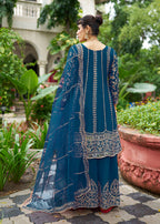 Monjolika Fashion Peacock Blue Embroidered Chinnon Readymade Palazzo Kameez for Festival | Grocsy