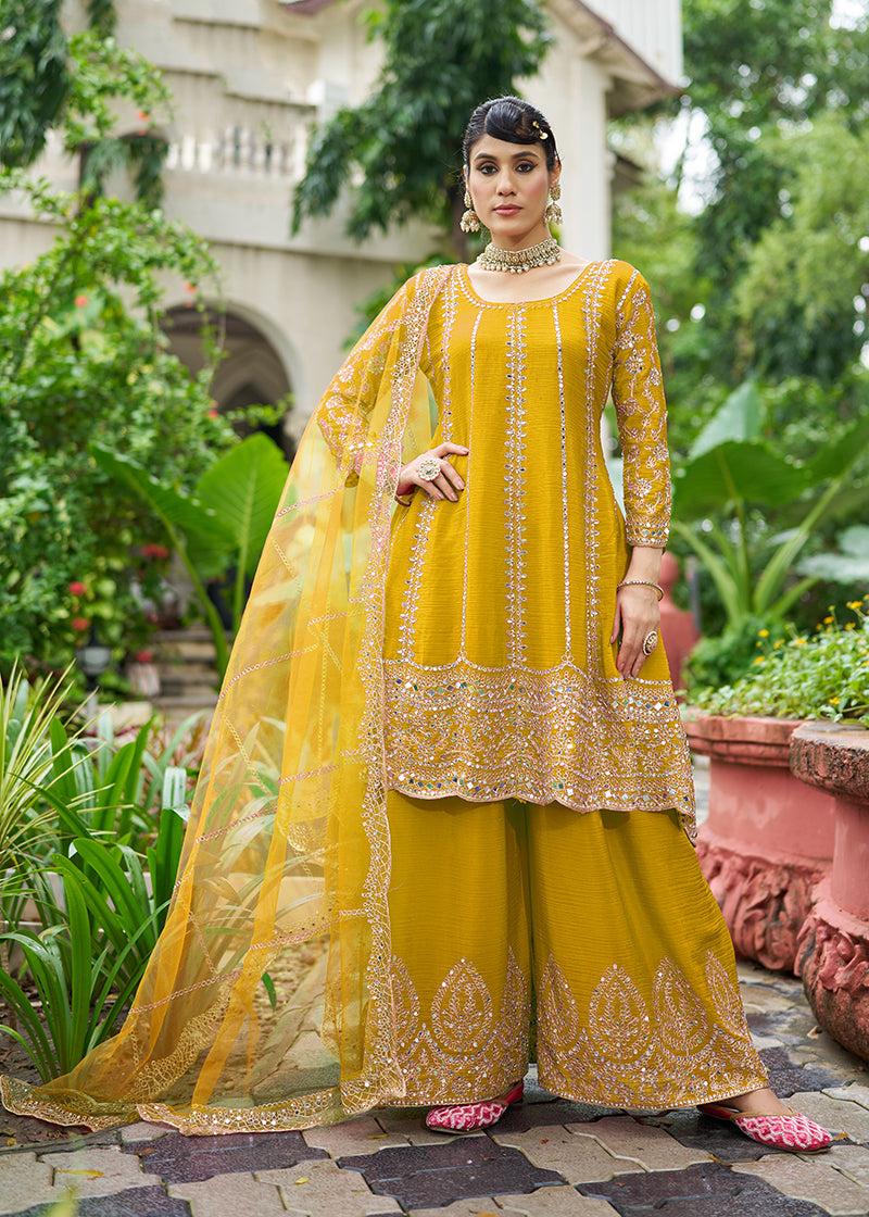 Monjolika Fashion Mustard Embroidered Chinnon Readymade Palazzo Kameez for Festival | Grocsy