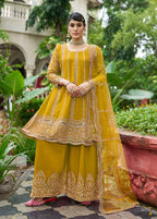 Monjolika Fashion Mustard Embroidered Chinnon Readymade Palazzo Kameez for Festival | Grocsy