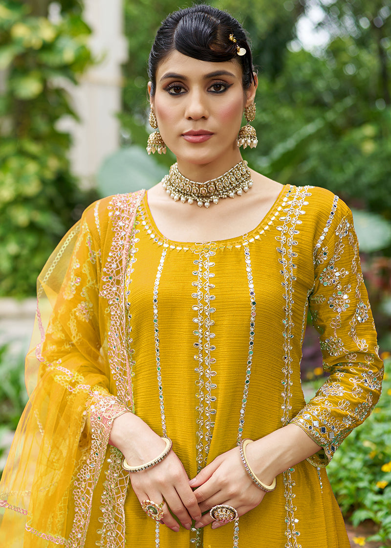 Monjolika Fashion Mustard Embroidered Chinnon Readymade Palazzo Kameez for Festival | Grocsy