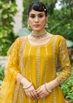 Monjolika Fashion Mustard Embroidered Chinnon Readymade Palazzo Kameez for Festival | Grocsy