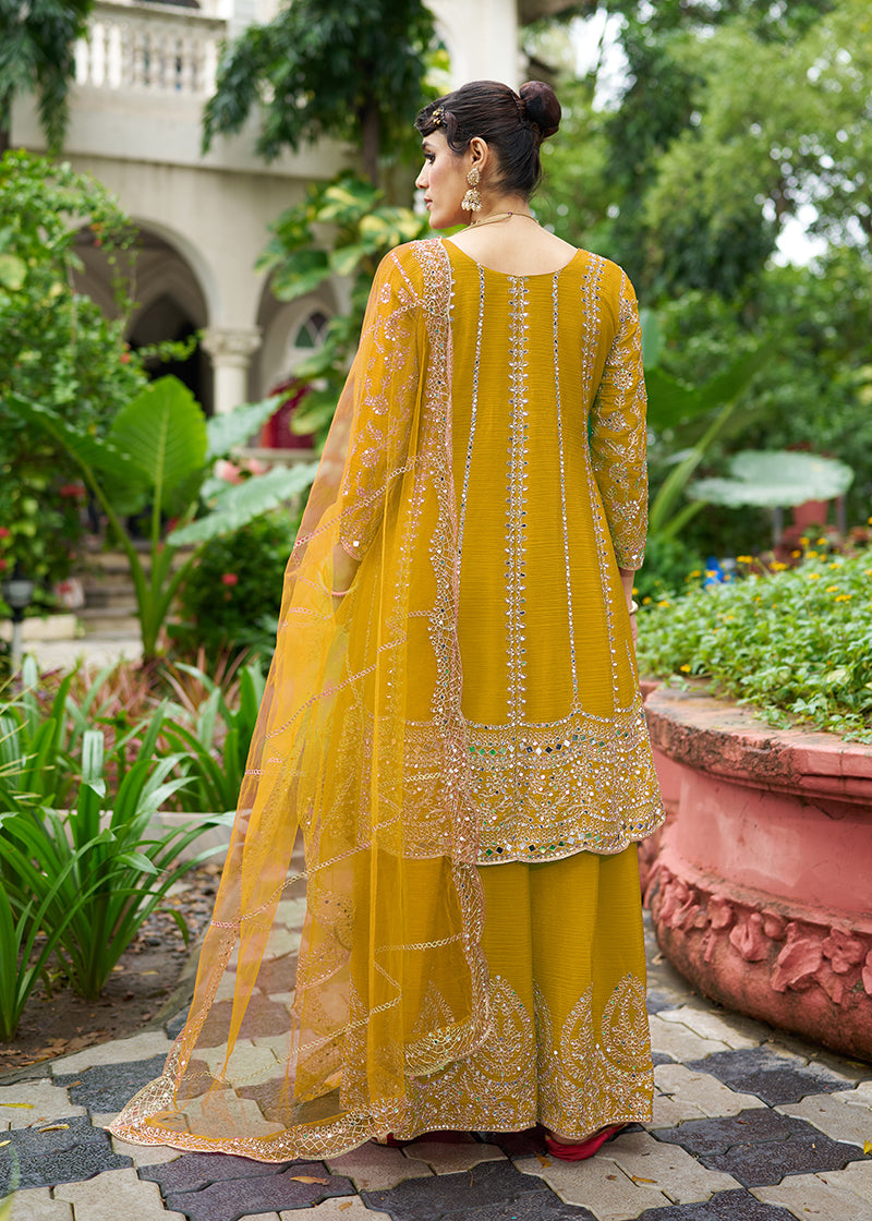 Monjolika Fashion Mustard Embroidered Chinnon Readymade Palazzo Kameez for Festival | Grocsy