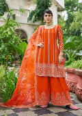 Monjolika Fashion Orange Embroidered Chinnon Readymade Palazzo Kameez for Festival | Grocsy
