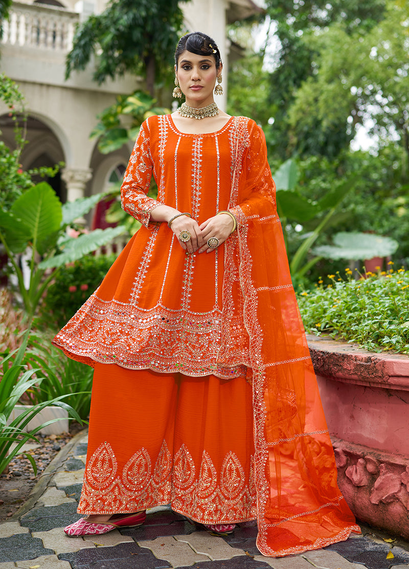 Monjolika Fashion Orange Embroidered Chinnon Readymade Palazzo Kameez for Festival | Grocsy