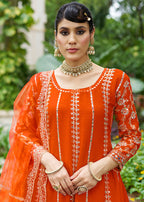 Monjolika Fashion Orange Embroidered Chinnon Readymade Palazzo Kameez for Festival | Grocsy