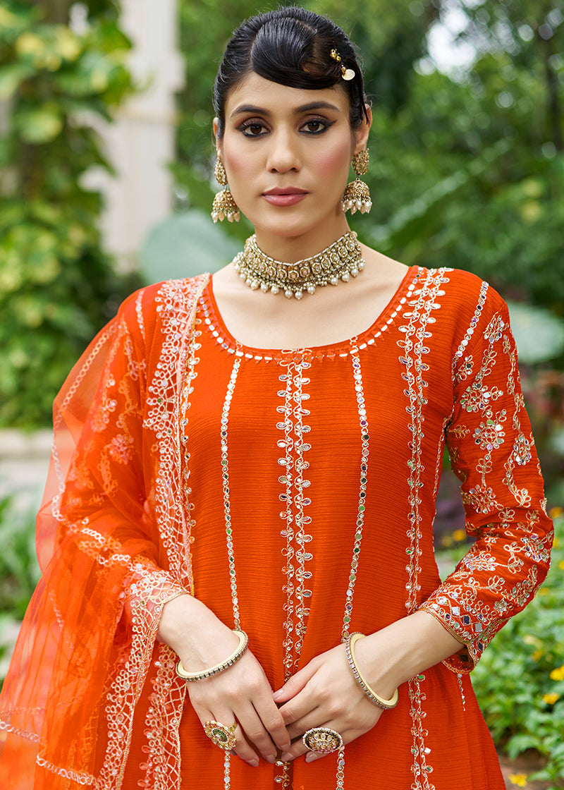 Monjolika Fashion Orange Embroidered Chinnon Readymade Palazzo Kameez for Festival | Grocsy