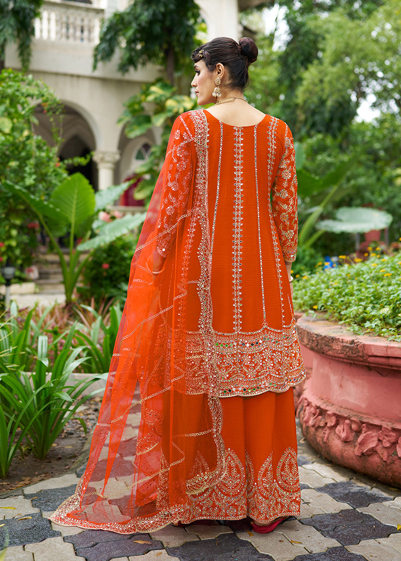Monjolika Fashion Orange Embroidered Chinnon Readymade Palazzo Kameez for Festival | Grocsy