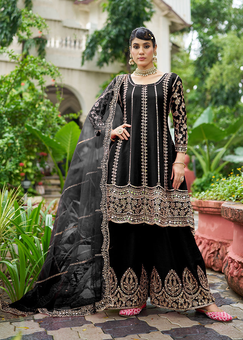 Monjolika Fashion Black Embroidered Chinnon Readymade Palazzo Kameez for Festival | Grocsy