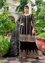 Monjolika Fashion Black Embroidered Chinnon Readymade Palazzo Kameez for Festival | Grocsy