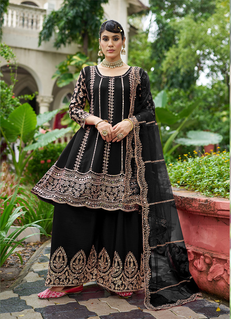 Monjolika Fashion Black Embroidered Chinnon Readymade Palazzo Kameez for Festival | Grocsy